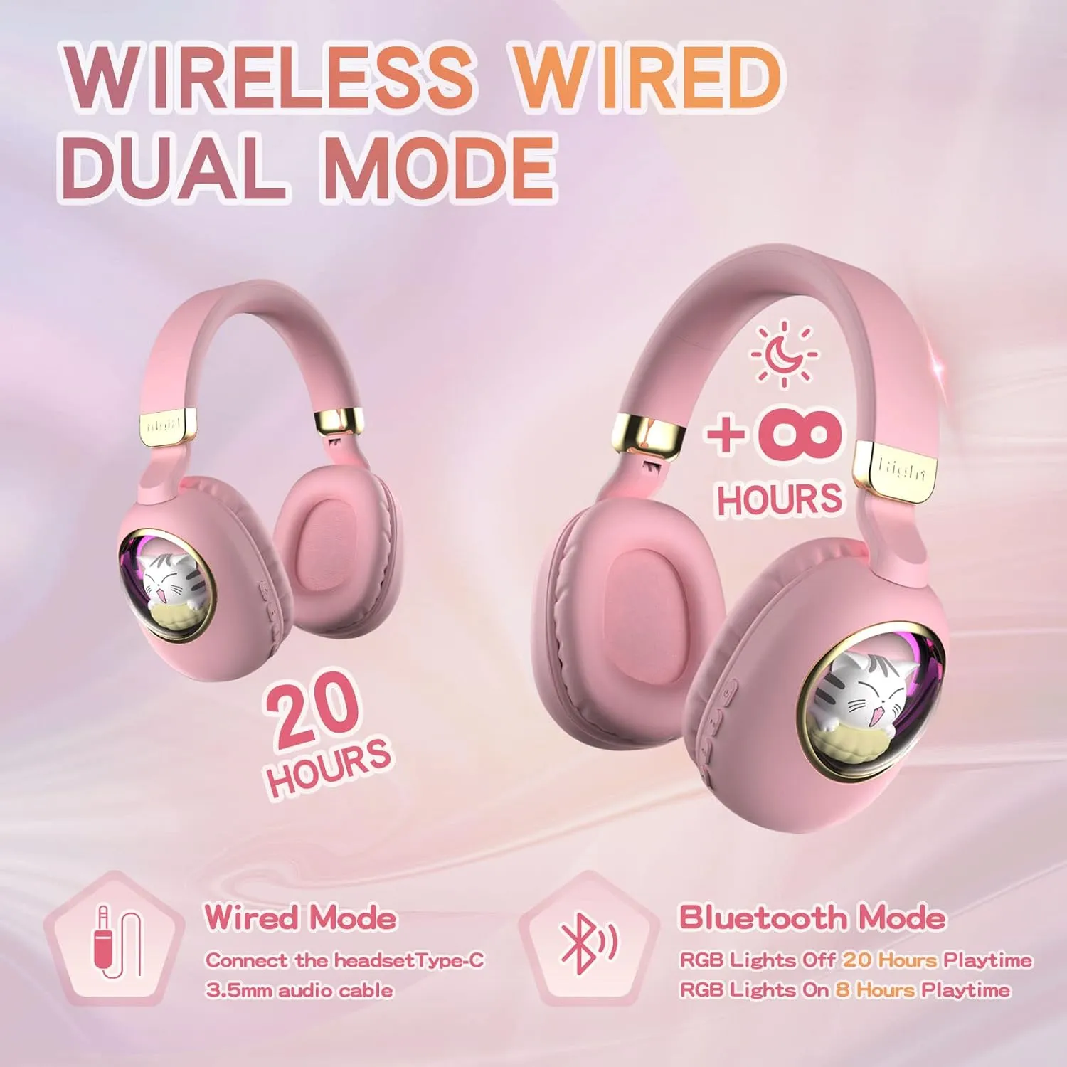 Girls Kids Headphones Wired - Pink Noise Cancelling Wireless Headphones for Kids for School - Over Ear Light Up Foldable Cat Bluetooth Gaming Headset with Microphone for iPad Kindle Tablet PC Travel