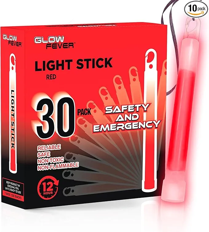 Glow Fever Emergency Safety Military Grade 6'' Lightsticks, Light Up Ultra Bright Glow Sticks with 12 Hours Duration. for Hiking Party Camping Blackouts Hurricane Shelter Survival Kit (Red, 30PCS)
