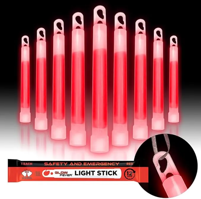 Glow Fever Emergency Safety Military Grade 6'' Lightsticks, Light Up Ultra Bright Glow Sticks with 12 Hours Duration. for Hiking Party Camping Blackouts Hurricane Shelter Survival Kit (Red, 30PCS)