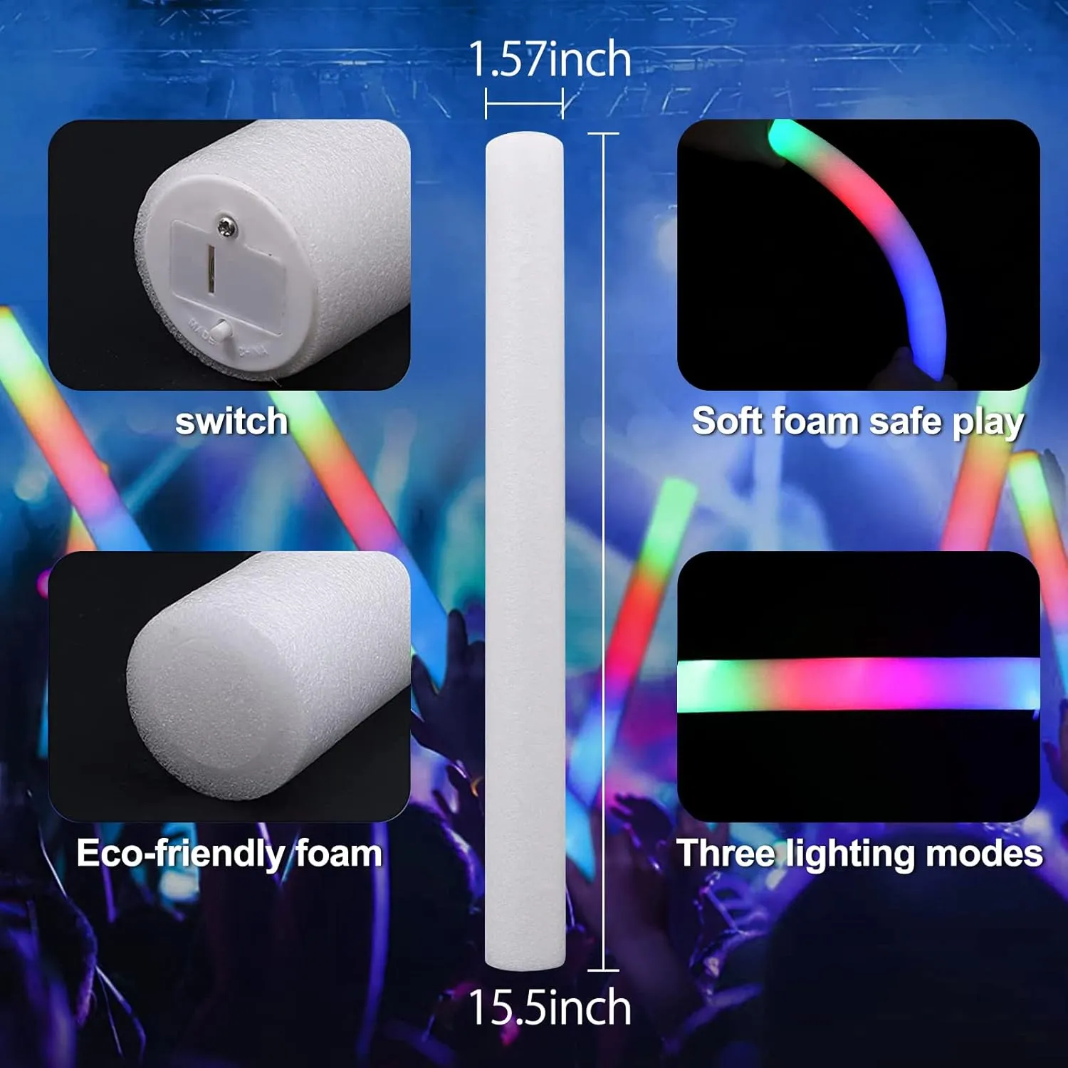 Glow Sticks Bulk, 56 Pcs LED Foam Glow Sticks, Christmas Party Favors with 3 Modes Colorful Flashing, Glow in The Dark Party Supplies Light Up Toys for Parties, Wedding, Birthday, New Years, Concert