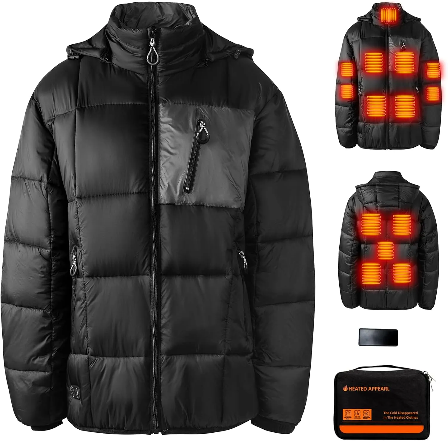 GOZTI Heated jacket, Heated Jackets for Men with Battery Pack 7.4V, 14 Heating Zones, Heated Coat with Detachable Hood