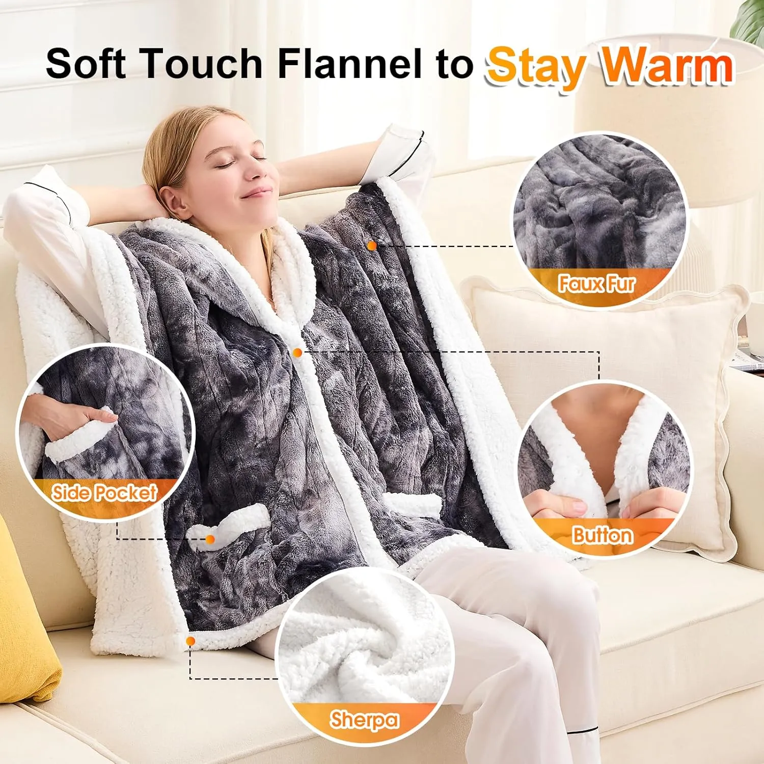greenoak Wearable Heated Throw Blanket Electric Shawl-Heated Robe Poncho Blanket Hoodie for Adult, Winter Gifts for Mom Women Girlfriend Grandma, Warm Faux Fur with Pockets,10-Heating Levels,Grey
