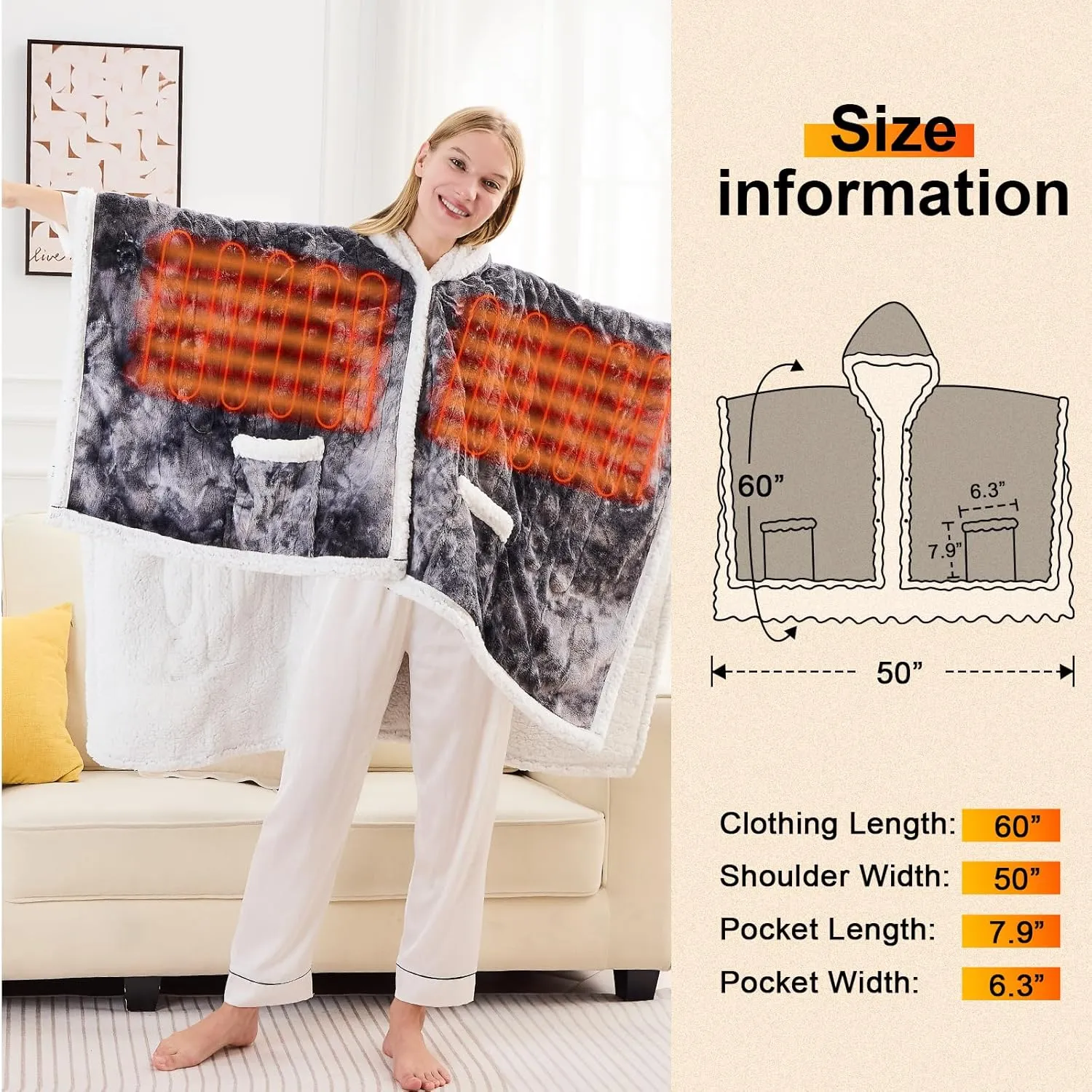 greenoak Wearable Heated Throw Blanket Electric Shawl-Heated Robe Poncho Blanket Hoodie for Adult, Winter Gifts for Mom Women Girlfriend Grandma, Warm Faux Fur with Pockets,10-Heating Levels,Grey
