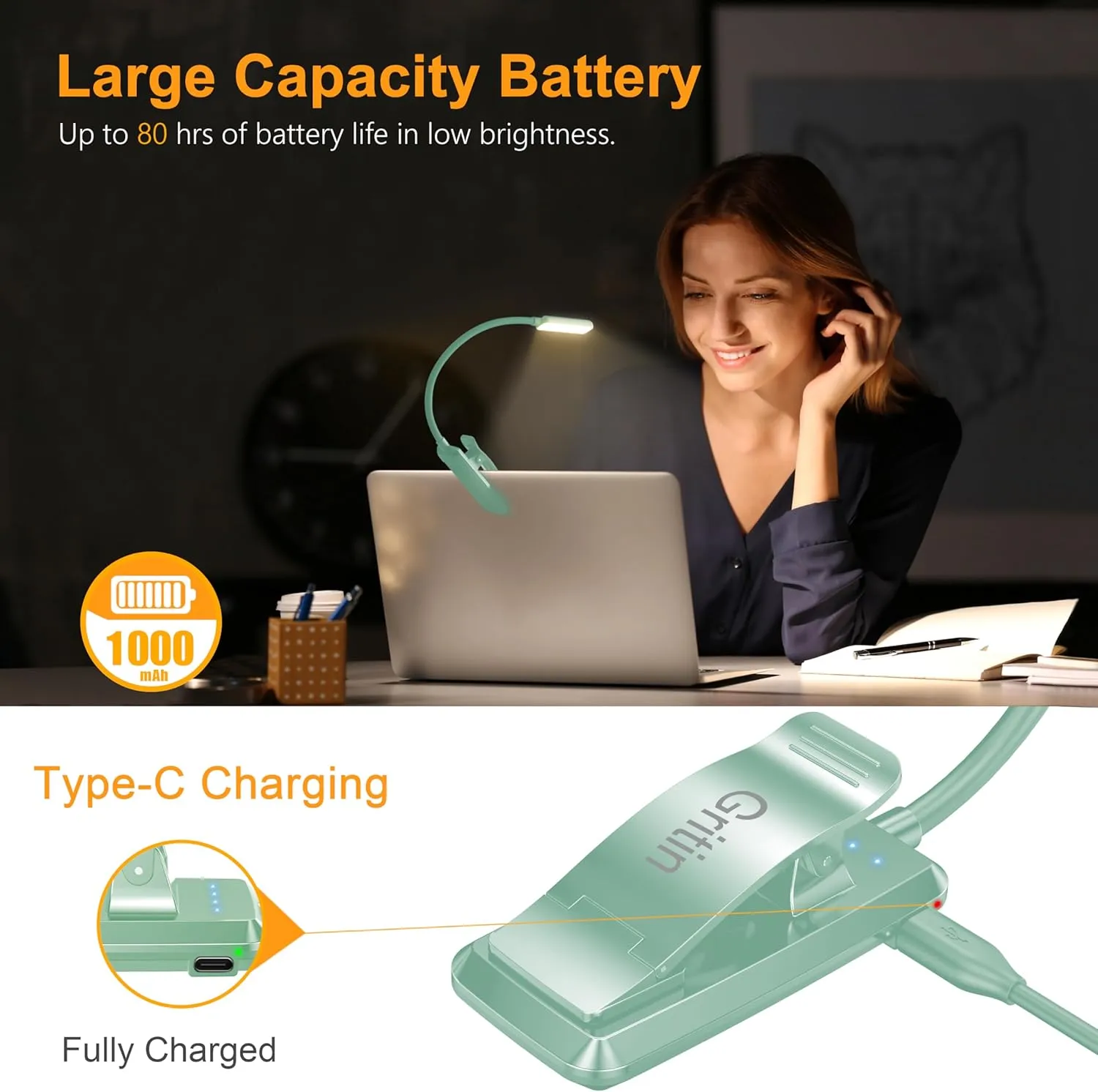 Gritin 9 LED Rechargeable Book Light for Reading in Bed - Eye Caring 3 Color Temperatures,Stepless Dimming Brightness,80 Hrs Runtime Small Lightweight Clip On Book Reading Light -Cyan