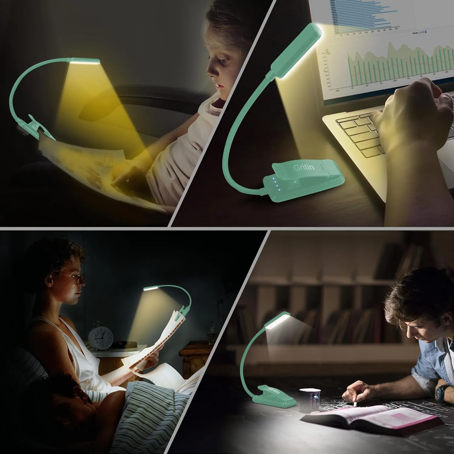 Gritin 9 LED Rechargeable Book Light for Reading in Bed - Eye Caring 3 Color Temperatures,Stepless Dimming Brightness,80 Hrs Runtime Small Lightweight Clip On Book Reading Light -Cyan