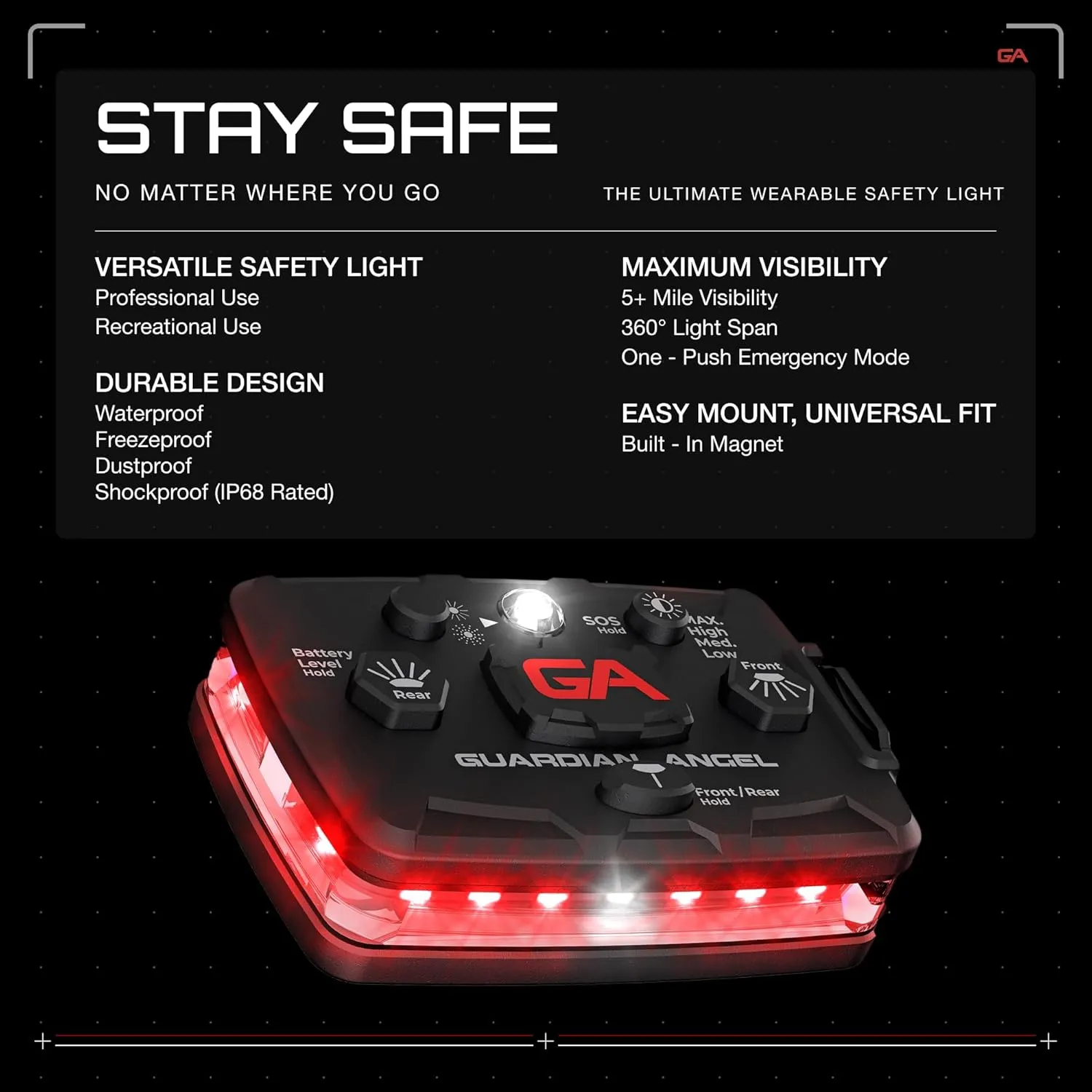 Guardian Angel Elite Series Safety Light - Red Front & Red Rear - Rechargeable, Magnetic, Hands-Free Wearable & Mountable LED Light for Firefighters, First Responders, EMS & Rescue Ops