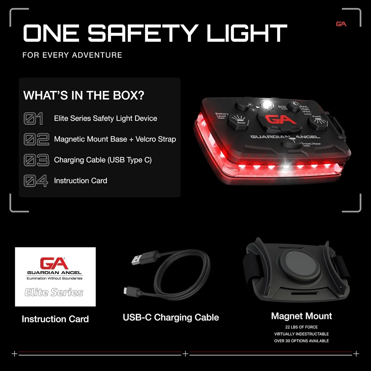 Guardian Angel Elite Series Safety Light - Red Front & Red Rear - Rechargeable, Magnetic, Hands-Free Wearable & Mountable LED Light for Firefighters, First Responders, EMS & Rescue Ops