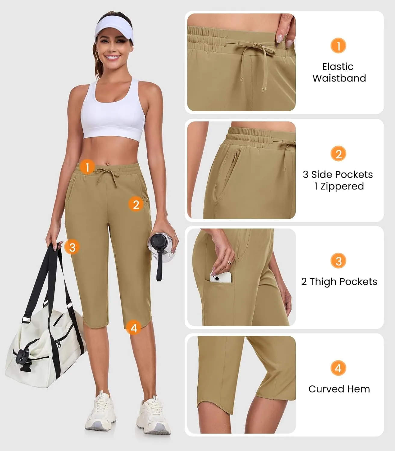 GymBrave Women's Capri Pants with 6 Pockets Quick Dry Lightweight Cargo Hiking Capris Outdoor Casual Travel