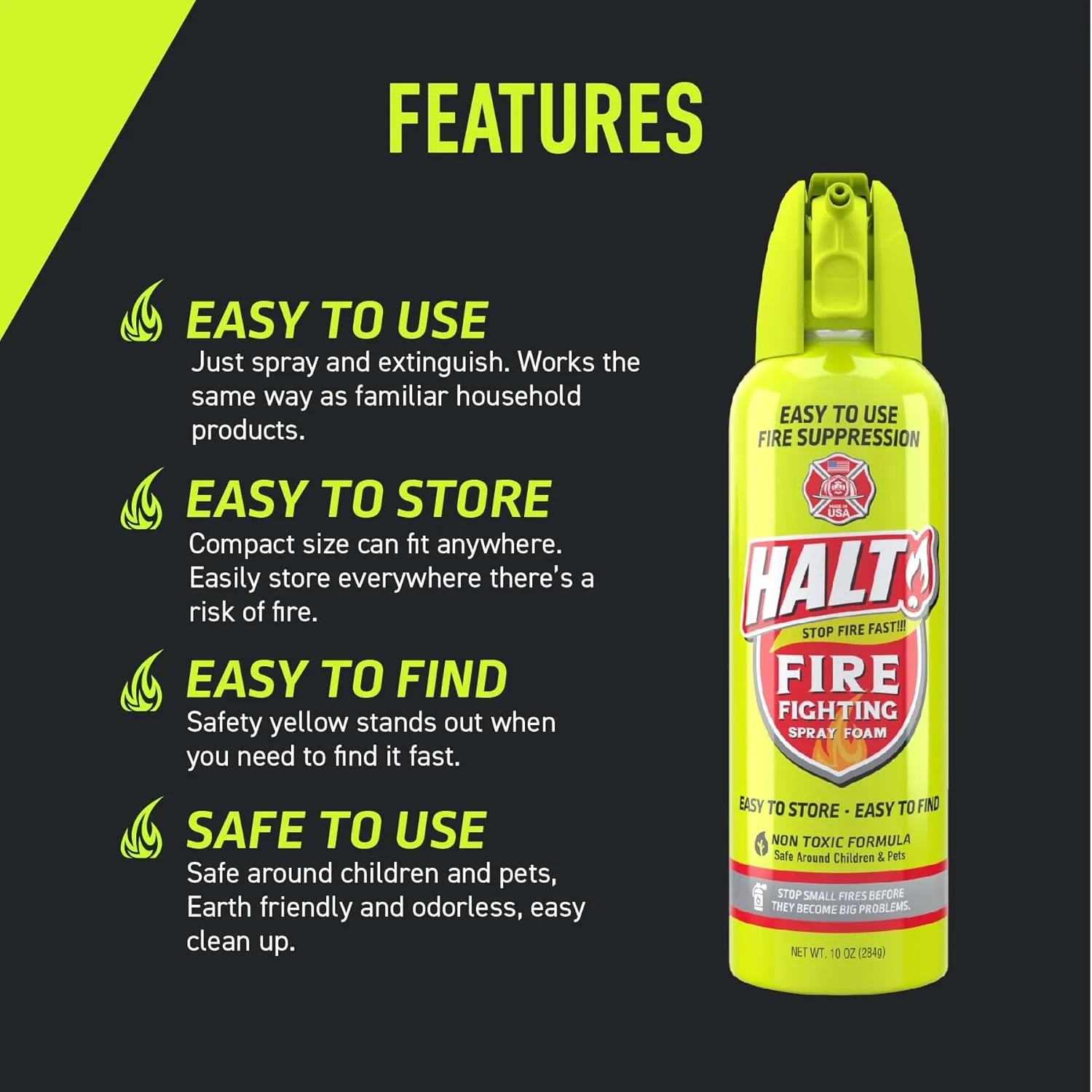HALT! Fire Fighting Foam Spray – Non-Toxic, PFAS Free, Easy to Use, Store & Find in Emergency – Compact & Portable – Ideal for Home, Kitchen, Apartment, Car, BBQ, Tailgate – Made in USA (Single Pack)