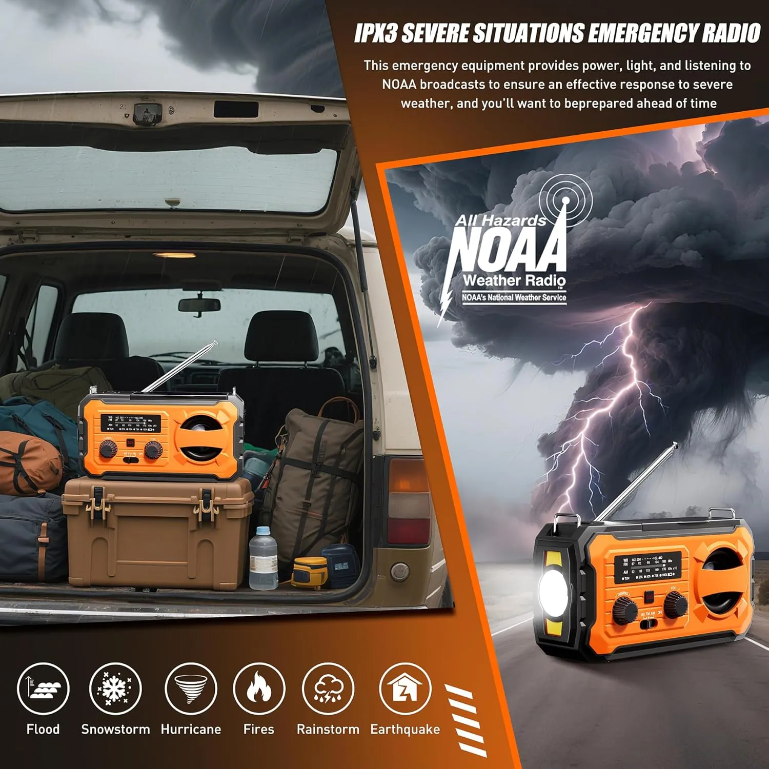 Hand Crank Emergency Radio, 10000mAh Weather Radio with AM/FM/NOAA, Solar Prower, SOS Alarm, Phone Charging, LED Flashlight, Portable Survival Gear for Outdoor & Home Emergencies Kits, Orange