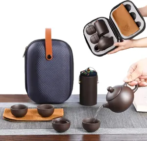 Handmade Traditional Chinese Travel Tea Set | Ceramic Teapot, 4 Teacups, Tea Canister & Travel Bag | Perfect for Outdoor & Office Use