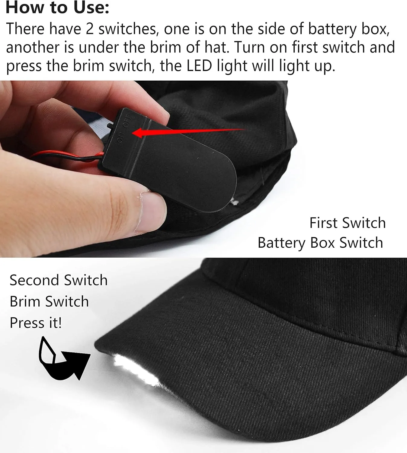 Hands Free LED Baseball Cap Hat for Outdoor Jogging Hip Hop Party Holiday