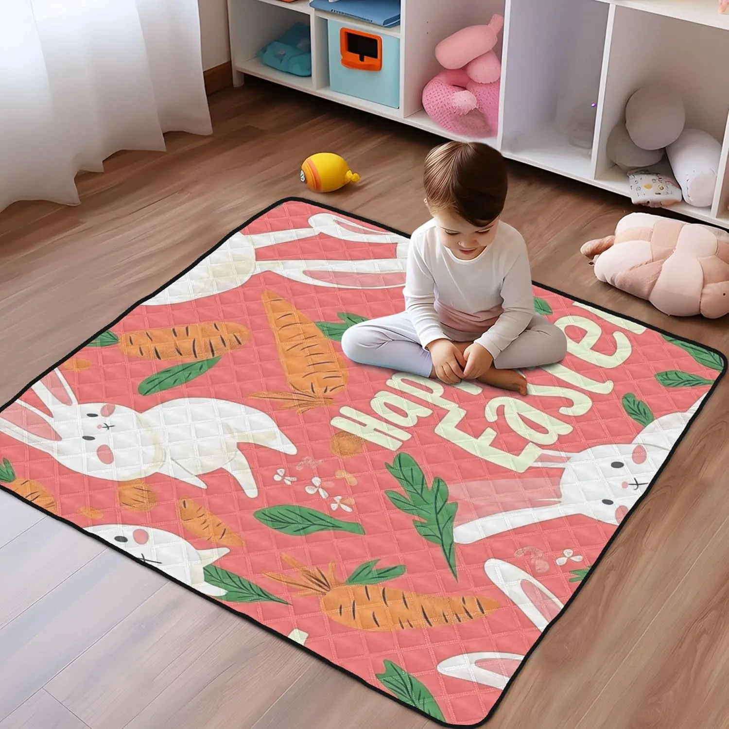 Happy Easter Bunny Ear Foot Carrots Rabbit Soft Foam Baby Gym & Activity Mat for Indoor Outdoor Cozy Breathable Padded Play Mat for Baby Kids Toddlers Infants, 50'' x 50''