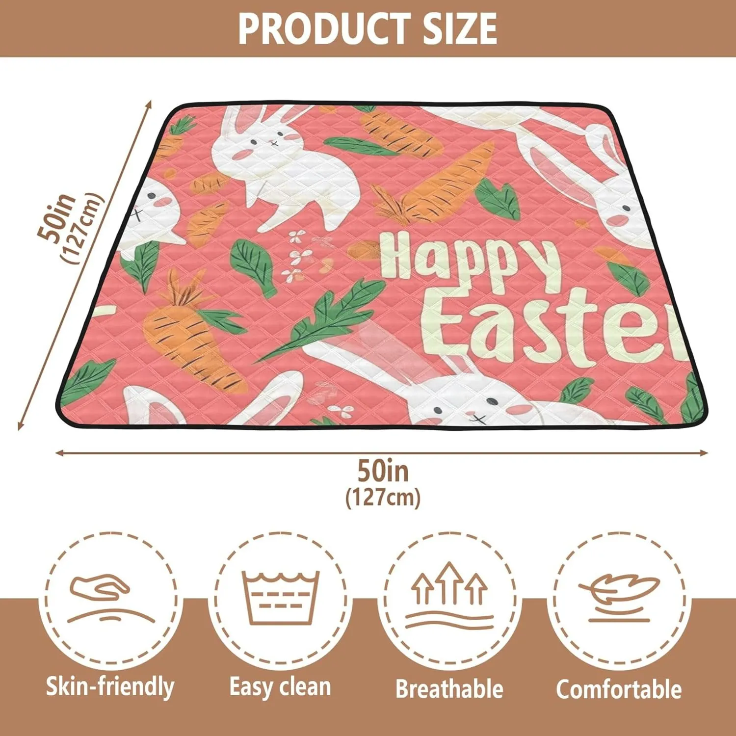 Happy Easter Bunny Ear Foot Carrots Rabbit Soft Foam Baby Gym & Activity Mat for Indoor Outdoor Cozy Breathable Padded Play Mat for Baby Kids Toddlers Infants, 50'' x 50''