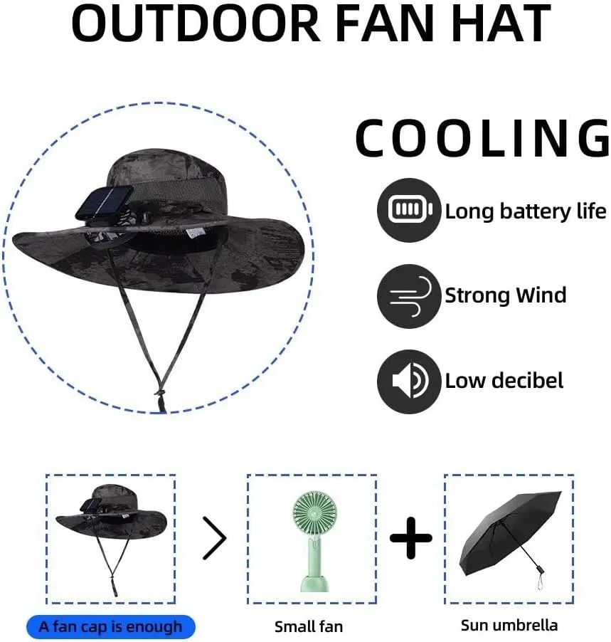 Hat Fan - Outdoor Sport Travel Camping Camouflage Solar Fan hat/Sun Protection Wide Brim Hat/Fishing Hat/Sun Hat UPF50 