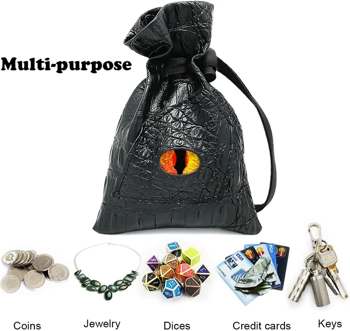 Haxtec Dice Bag Drawstring Leather DND Dice Pouch Storage Bag for D&D Dungeons and Dragons Gift Coins and Accessories (Fire-Red Yellow Eye) Patent Number D893867