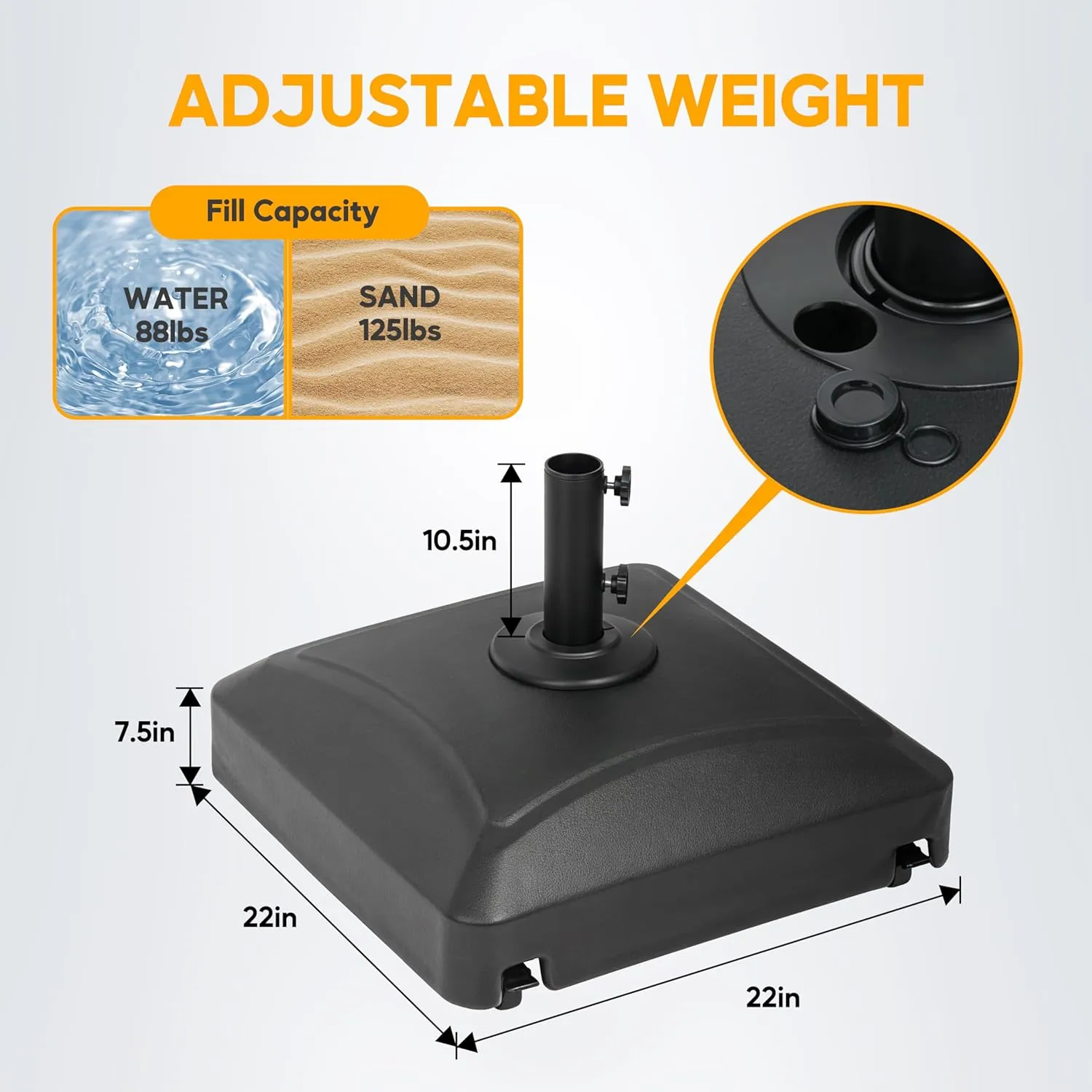 HealSmart 125Lbs Capacity Fillable Mobile Outdoor Heavy Duty Square Umbrella Base Stand for Patio, Deck, Poolside, Black