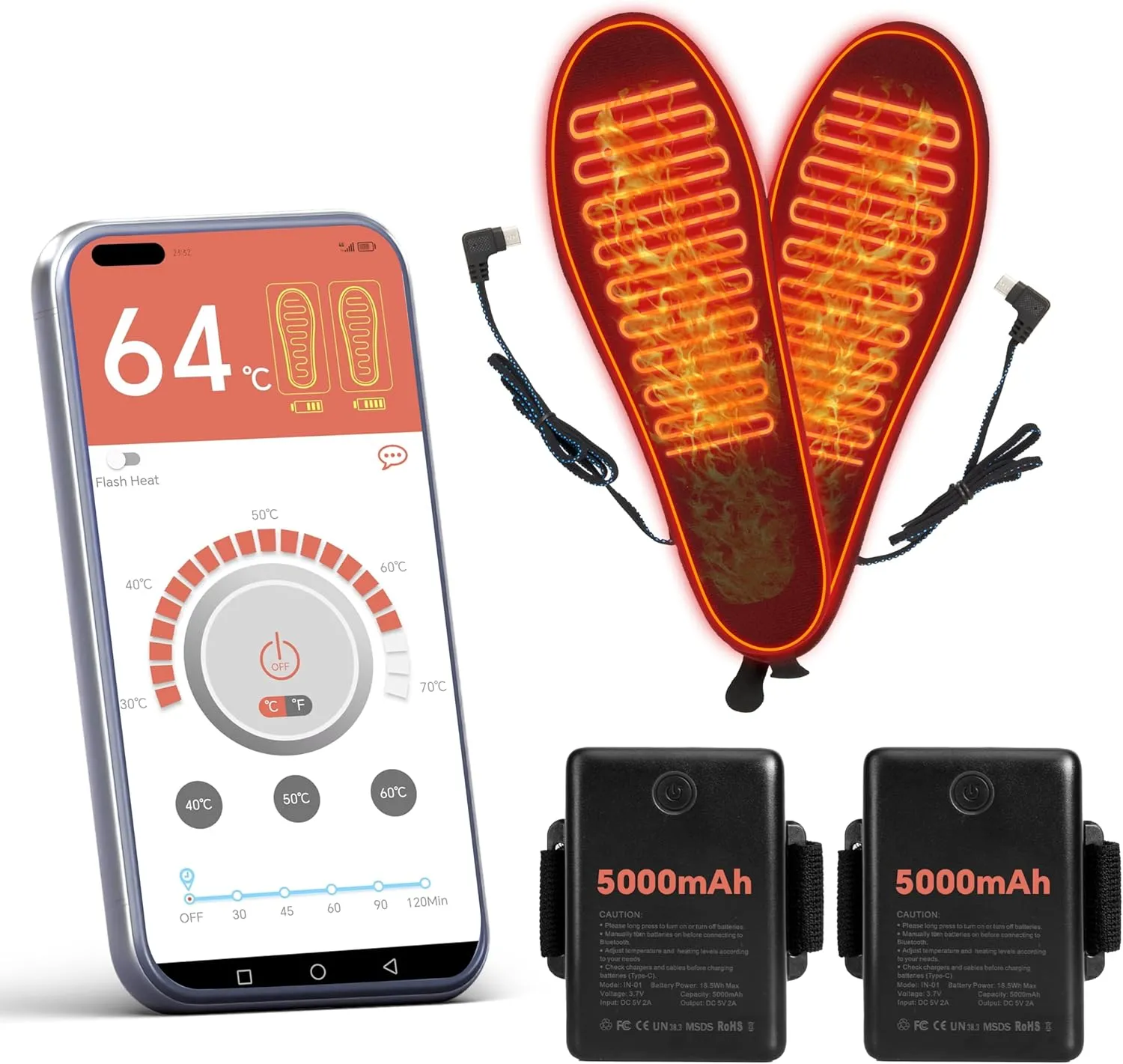Heated Insoles, Heated Insoles for Women Men with APP Control, 5000mAh Battery Up to 14 Hours Powered Foot Warmers for Outdoor Hunting Fishing Camping Size Adjust (L)