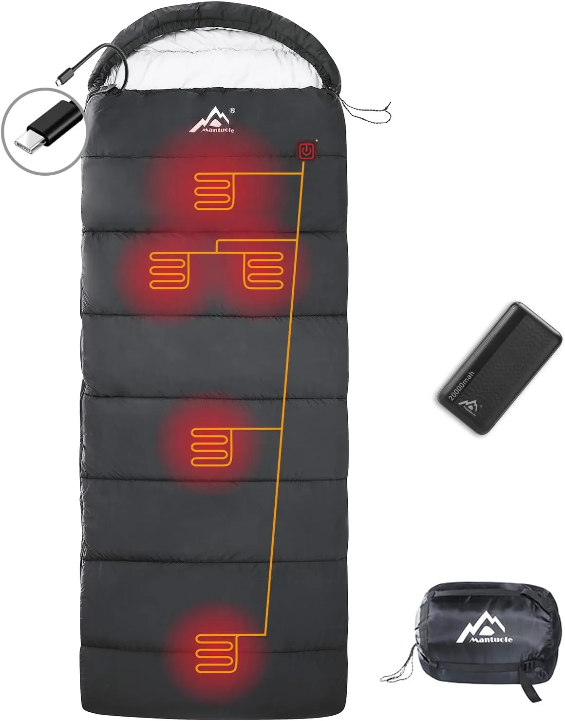 Heated Sleeping Bag - 5pcs Multi Type-C Power Support Heating Pads, Operated with Battery Power Bank or Other Type-C Supplies, with one 20000mah Power Bank.