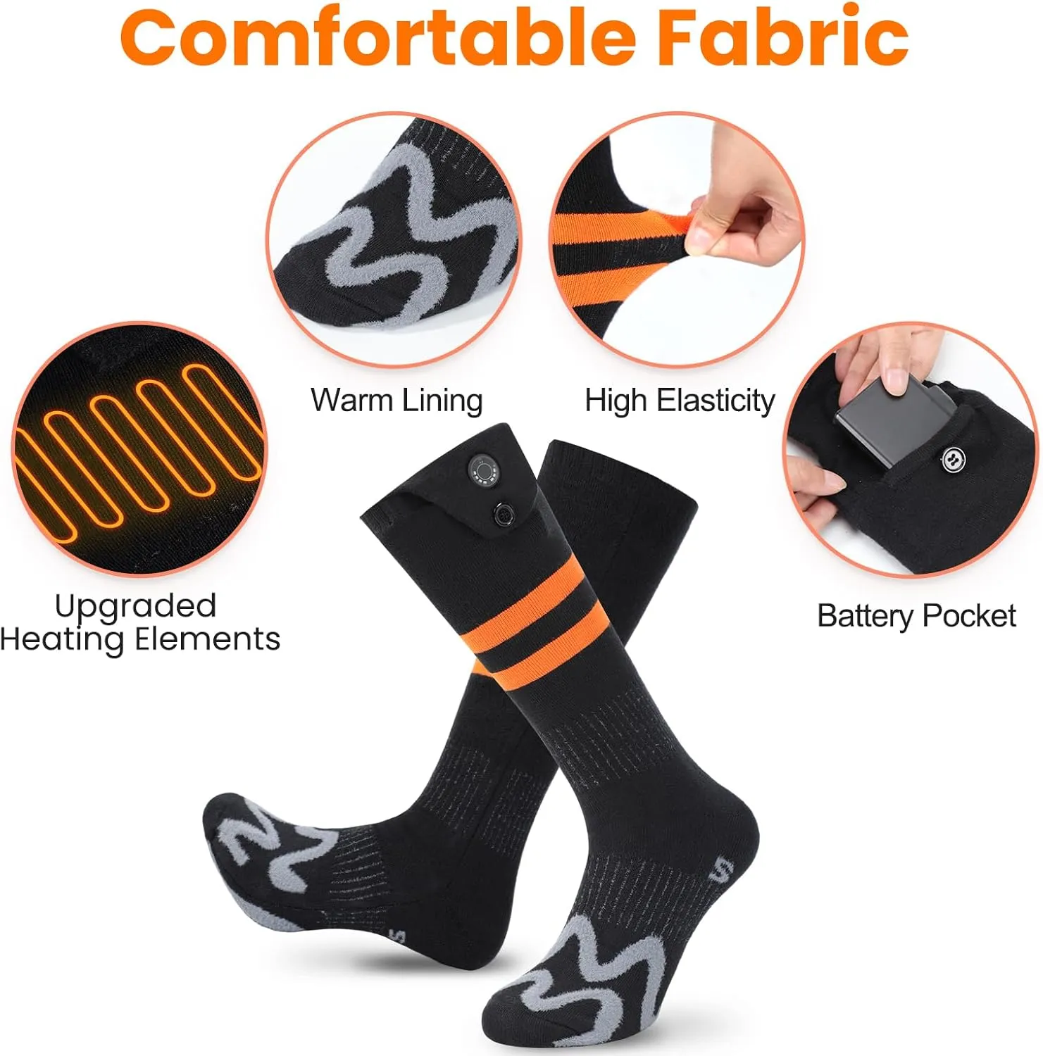 Heated Socks for Men Women,7.4V 3000mAh Rechargeable Heated Socks with APP Control Washable Electric Heating Socks Feet Warmer for Winter Outdoor Sports Hunting Skiing Camping (Orange Black-M)