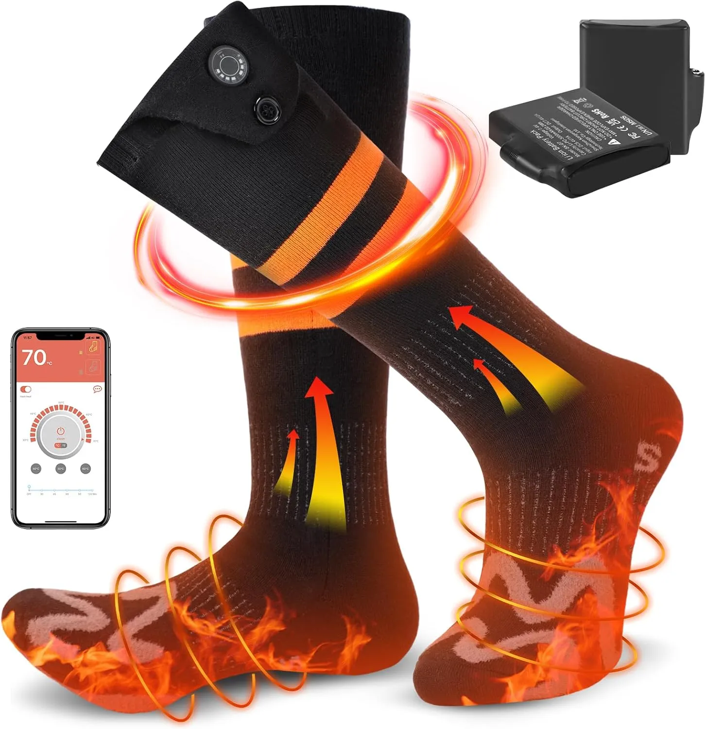 Heated Socks for Men Women,7.4V 3000mAh Rechargeable Heated Socks with APP Control Washable Electric Heating Socks Feet Warmer for Winter Outdoor Sports Hunting Skiing Camping (Orange Black-M)