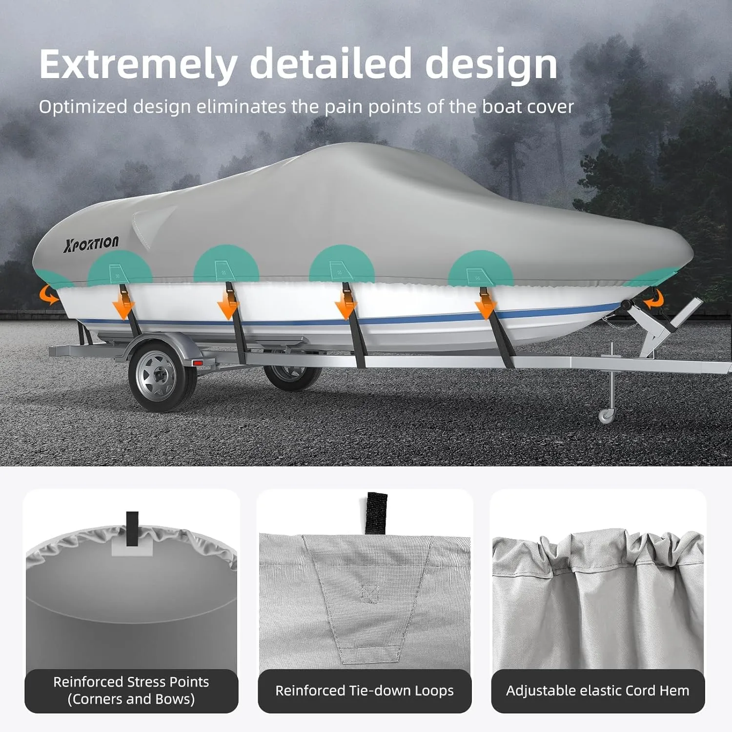 Heavy Duty 900D Boat Cover 20-22 ft, XPORTION 20'-22' Waterproof Marine Grade Polyester Canvas, UV Resistant, Fits V-Hull, Runabout, Tri-Hull, Pro-Style Bass Boats with Reinforced Strap