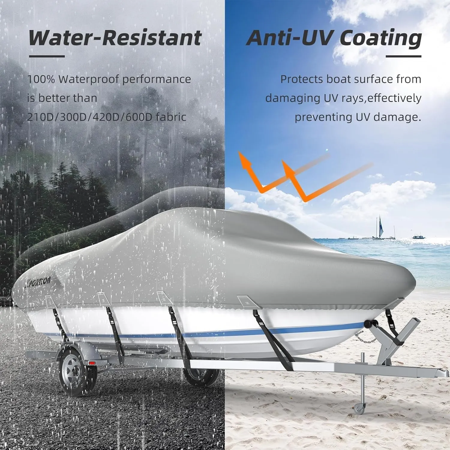 Heavy Duty 900D Boat Cover 20-22 ft, XPORTION 20'-22' Waterproof Marine Grade Polyester Canvas, UV Resistant, Fits V-Hull, Runabout, Tri-Hull, Pro-Style Bass Boats with Reinforced Strap