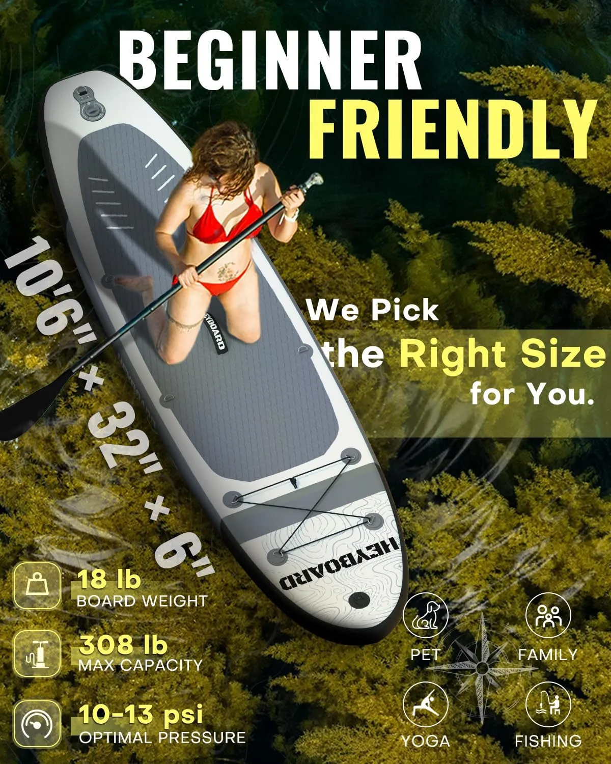 HEYBOARD Inflatable Stand Up Paddle Board 10'6"×32"×6" Standup Paddleboard with Premium SUP Accessories & Backpack, Non-Slip Deck, Waterproof Bag, Leash, Paddle, Hand Pump