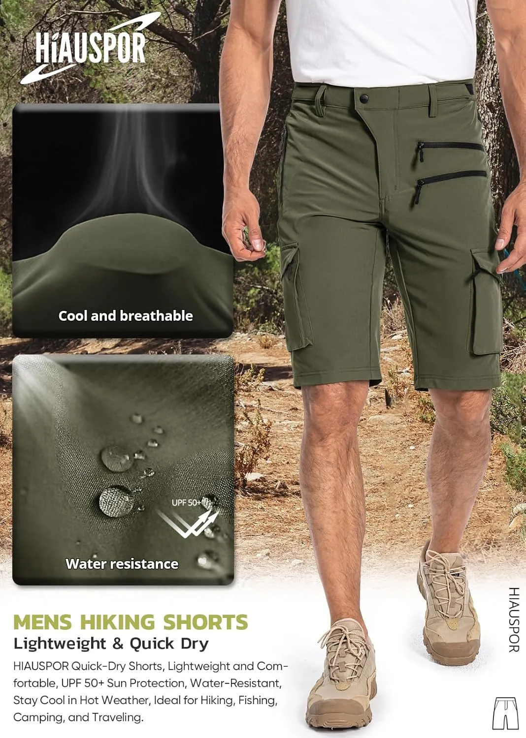 Hiauspor Men's Hiking Cargo Shorts Quick Dry Lightweight Casual Fishing Tactical Golf for Outdoor with 5 Pockets