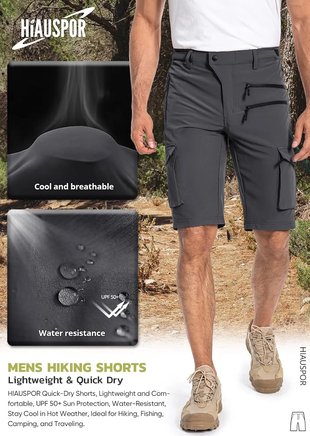 Hiauspor Men's Hiking Cargo Shorts Quick Dry Lightweight Casual Fishing Tactical Golf for Outdoor with 5 Pockets