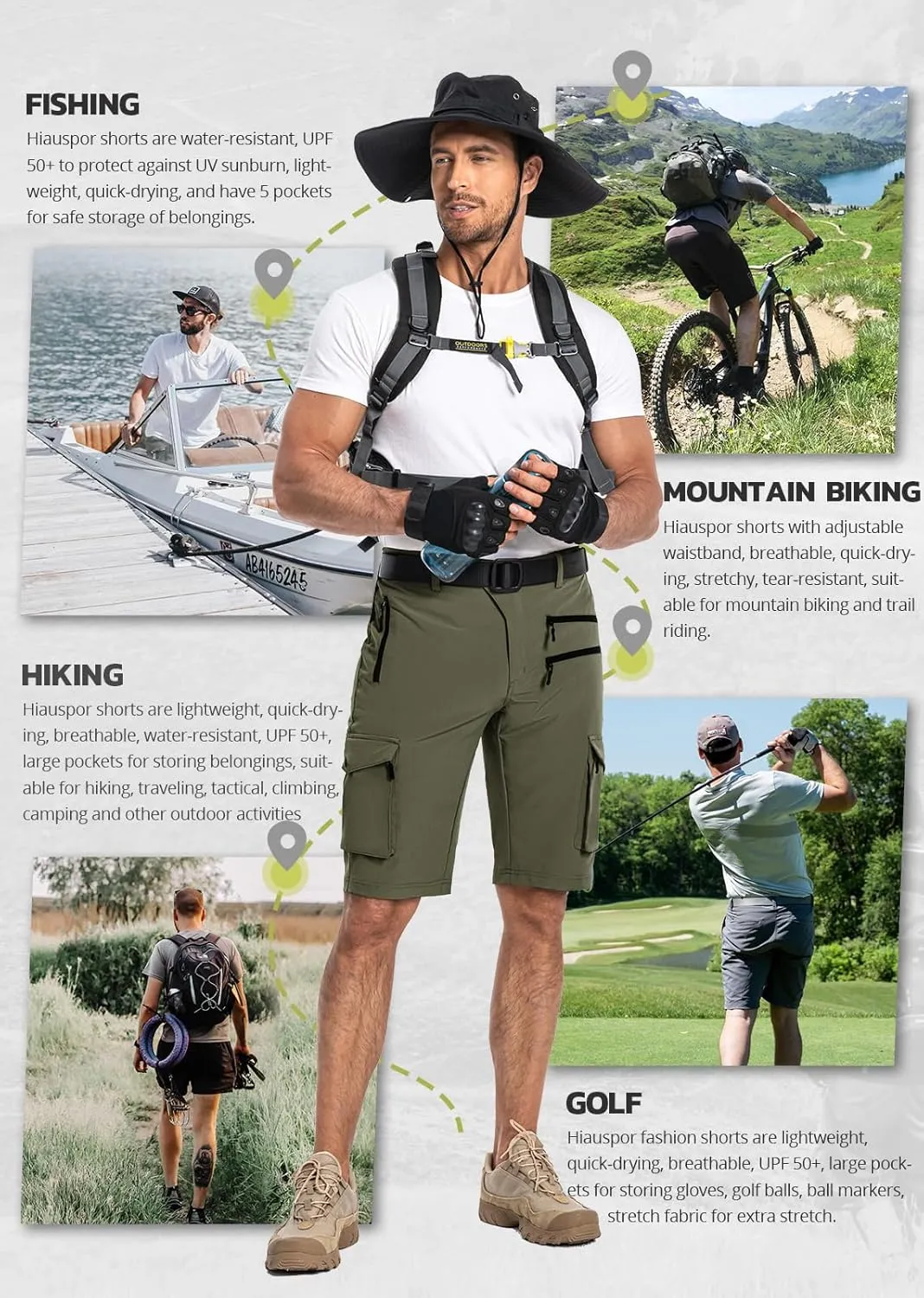 Hiauspor Men's Hiking Cargo Shorts Quick Dry Lightweight Casual Fishing Tactical Golf for Outdoor with 5 Pockets