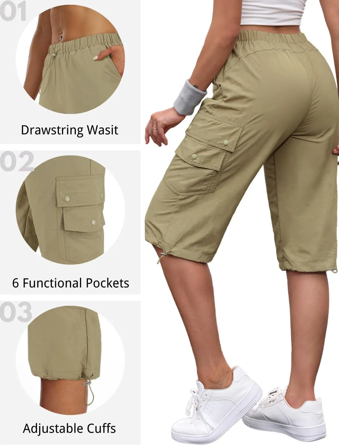 Hiking Capri Cargo Pants Women Baggy Low Rise Lightweight Summer Outdoor Casual Loose Style with 6 Pockets