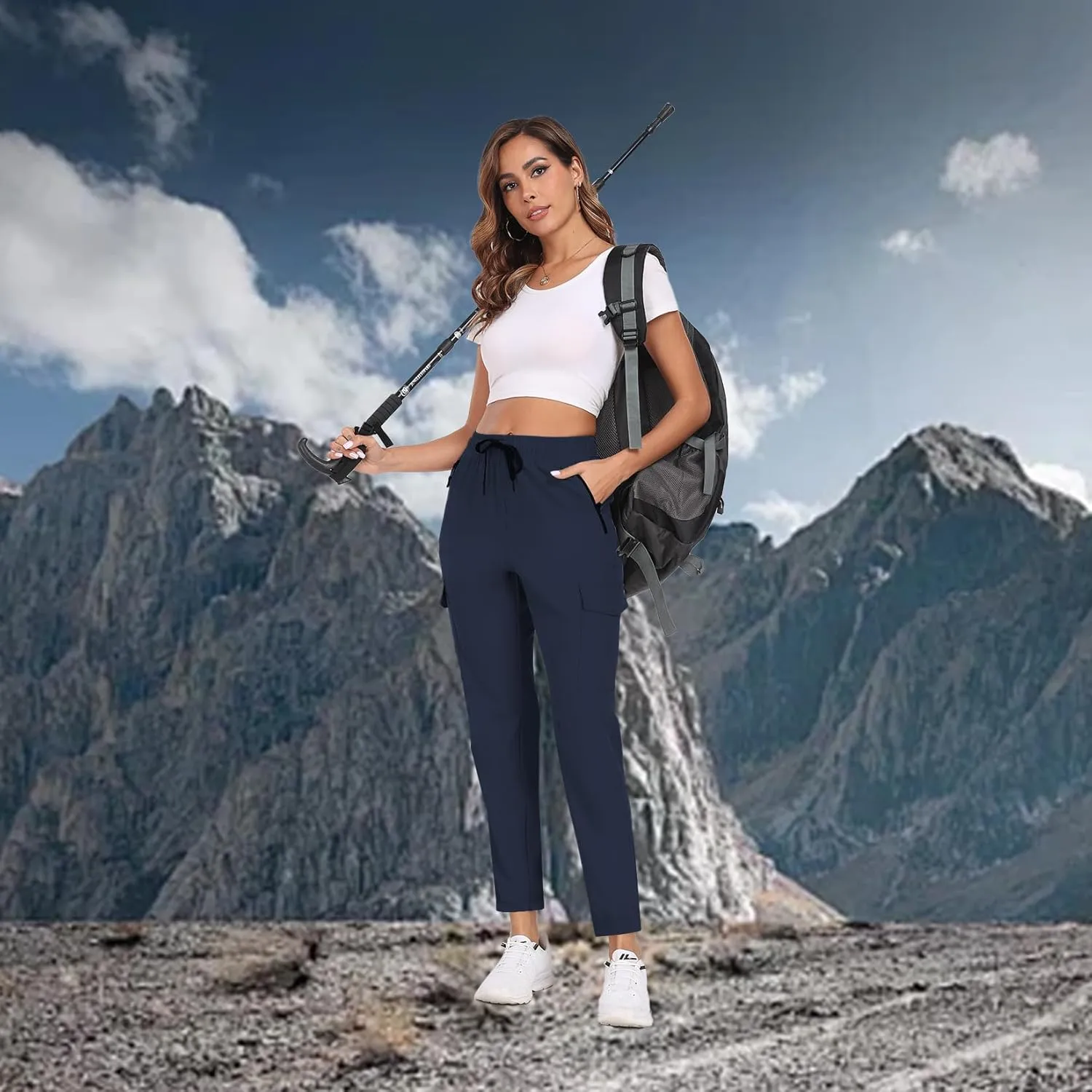 Hiking Pants for Women UPF 50  Cargo Quick Dry Water Resistant Elastic Waist Zip Pockets Travel Work Lightweight Running