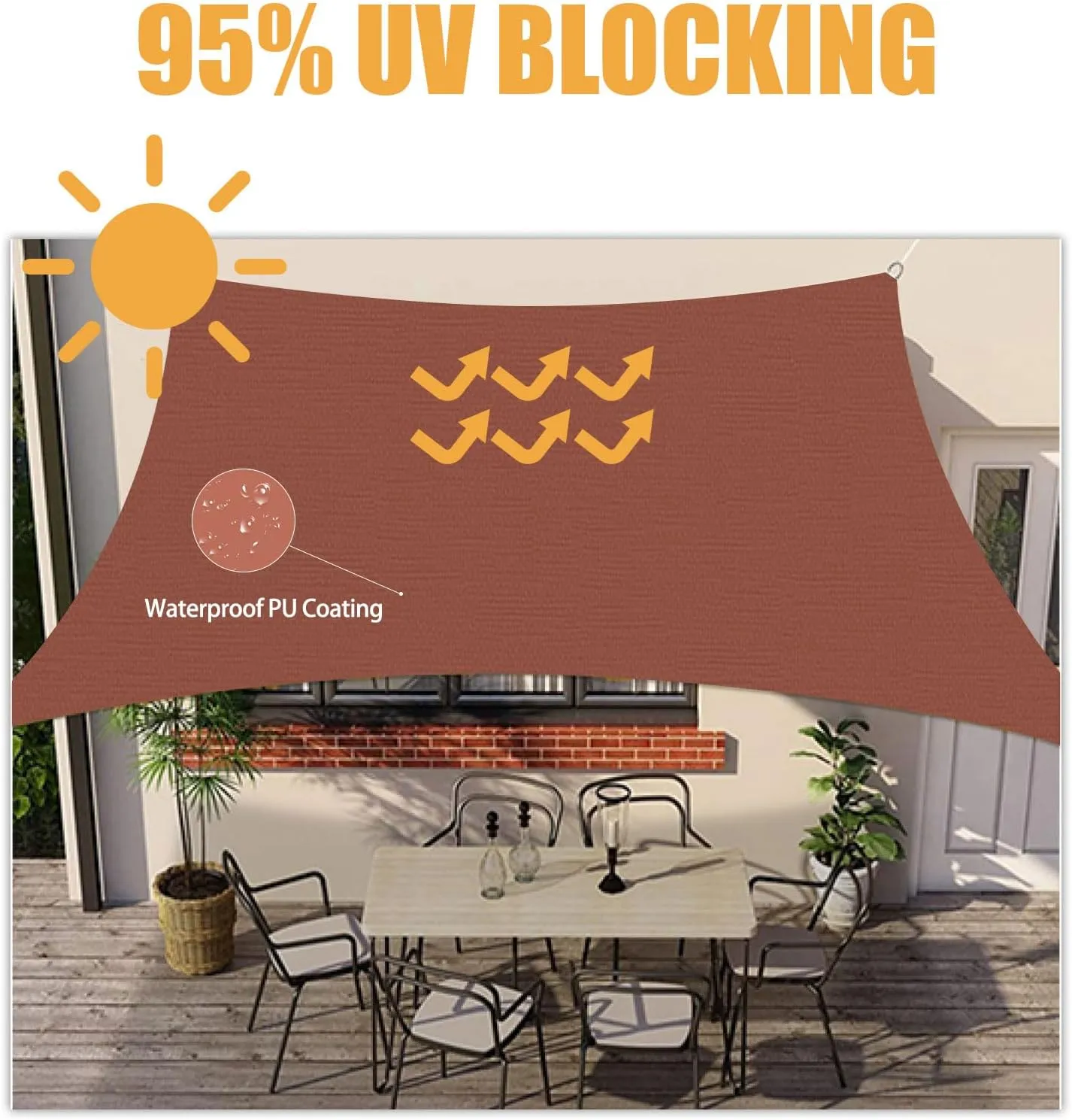 HOMPER Waterproof Sun Shade Sail 95% UV Block, Oxford Fabric, for Patio, Balconies, Lawn Garden, Party, Outdoor Activities (6.5' x 10', Rust Red)