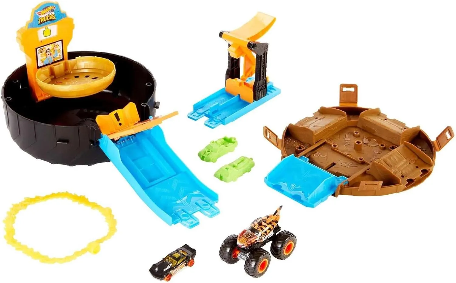 Hot Wheels Monster Trucks Stunt Tire Play Set Opens to Reveal Arena with Launcher, 1 1:64 Scale Car & 1 Monster Truck, Portable Toy Gift Set for Ages 4 to 8 Years Old, Black