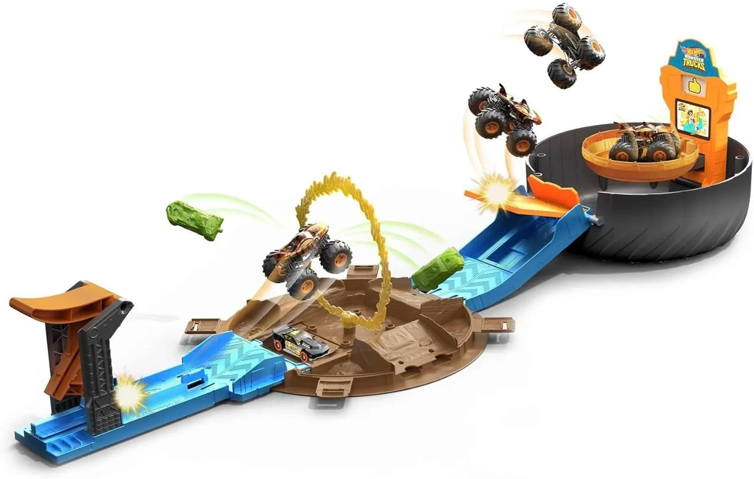 Hot Wheels Monster Trucks Stunt Tire Play Set Opens to Reveal Arena with Launcher, 1 1:64 Scale Car & 1 Monster Truck, Portable Toy Gift Set for Ages 4 to 8 Years Old, Black