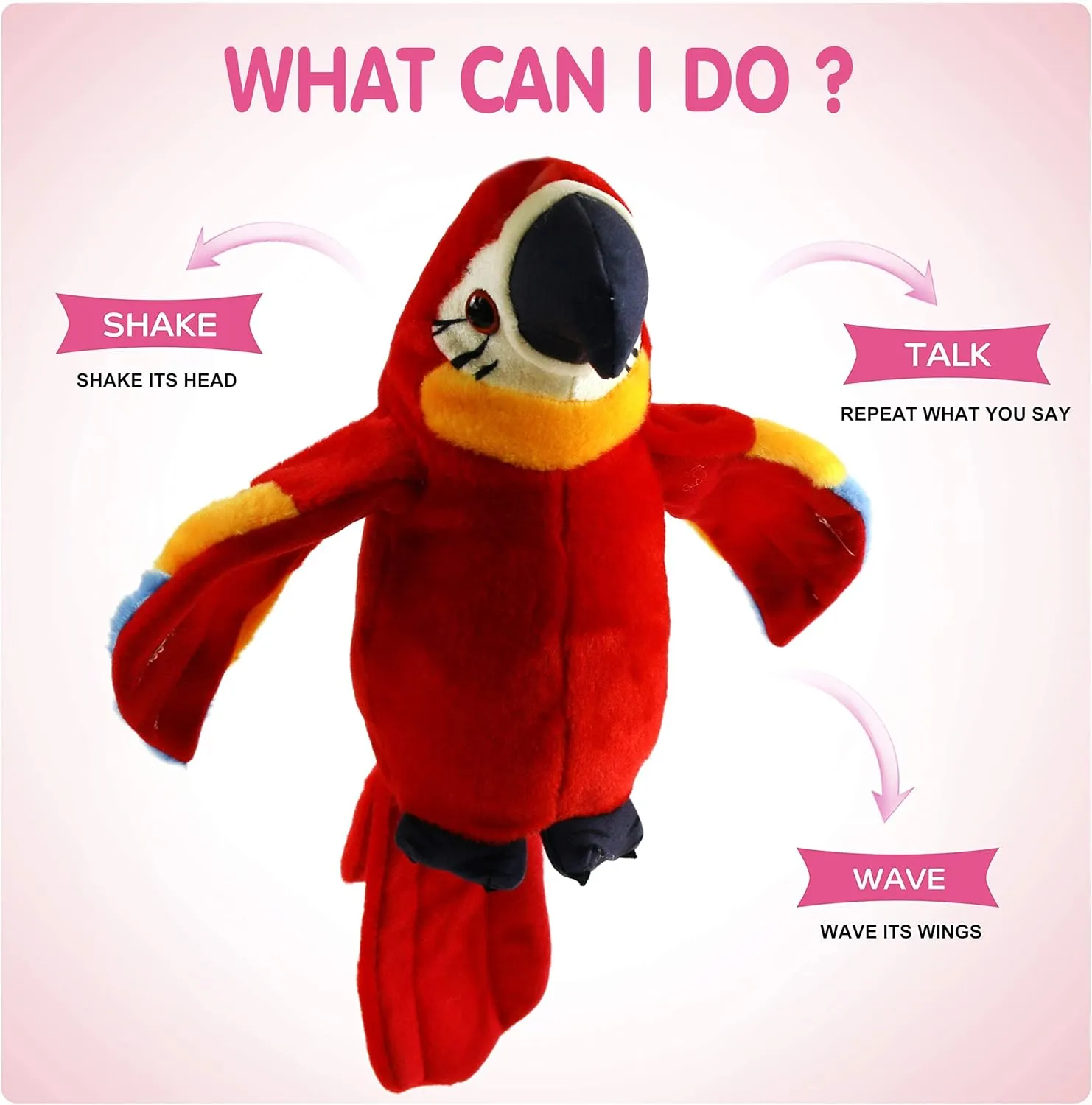 Houwsbaby 9'' Red Talking Parrot Plush Pal Repeat What You Say Recording Stuffed Animal Macaw Electronic Record Interactive Animated Bird Shake Wings Present Birthday Christmas for Kids Boys Girls
