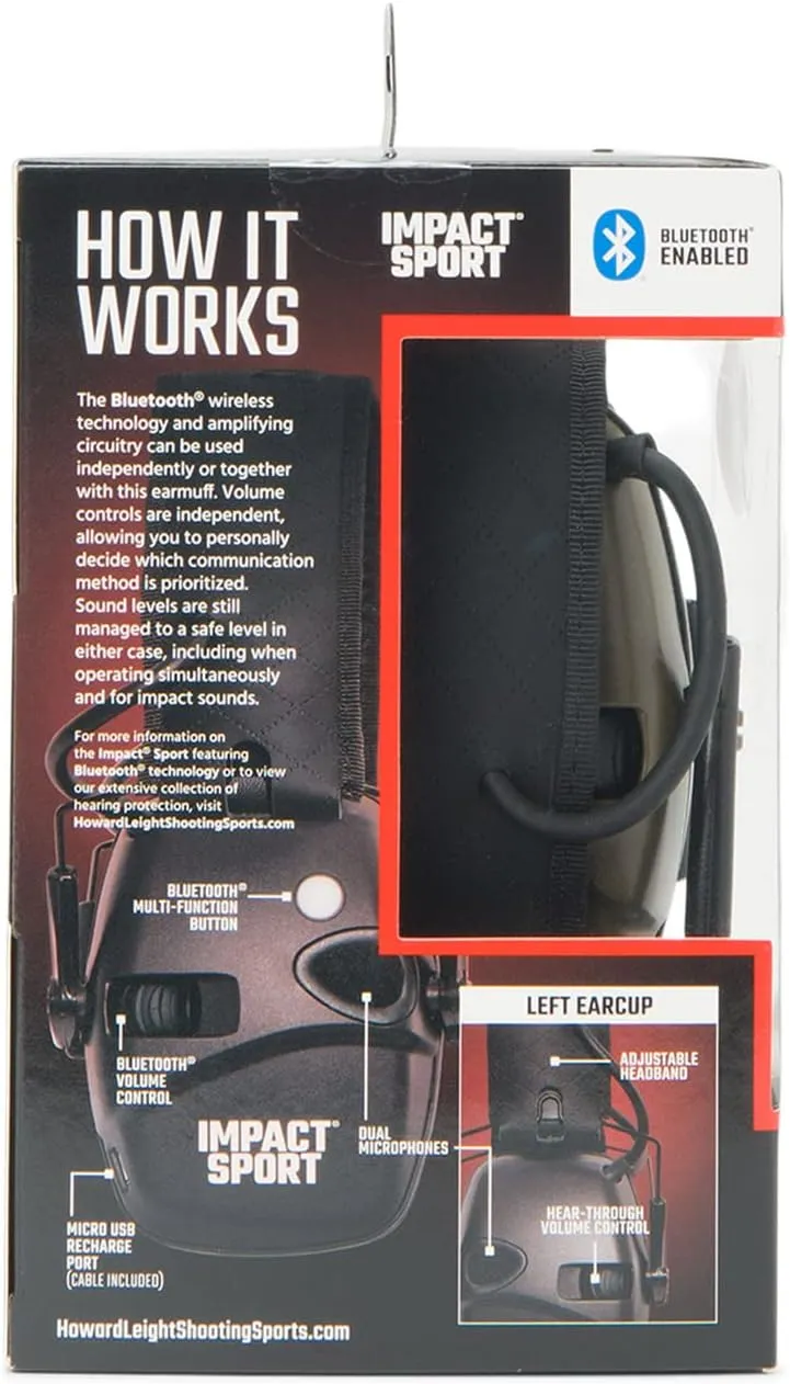 Howard Leight Impact Sport Bluetooth Shooting Earmuff, Black, 21dB Noise Attenuation, Unisex-Youth/Adults
