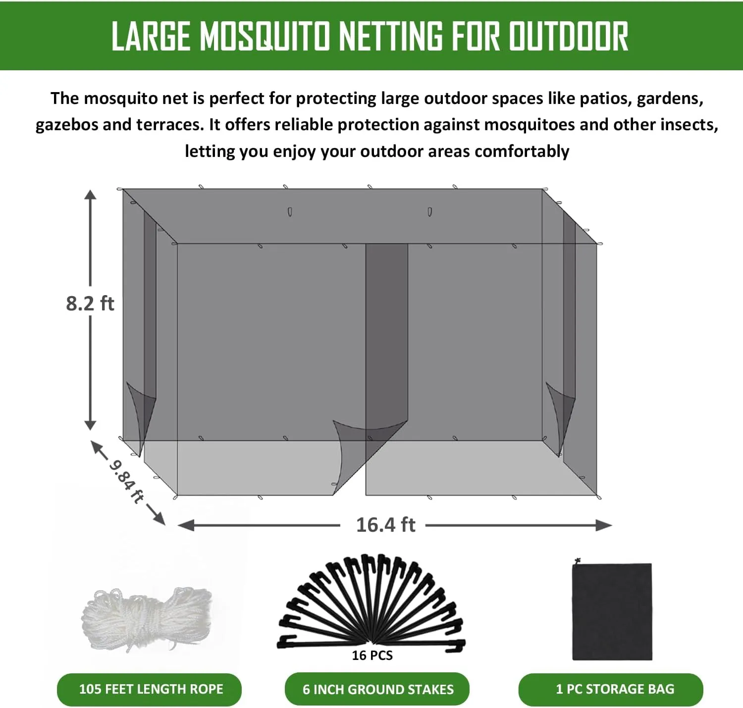 Hugeleaf 16.4 X 9.84 X 8.2 Ft Extra-Large Mosquito Netting for Patio, 3 Openings 220 Mesh Mosquito Net Tent Outdoor Bug Netting for Camping, Gazebo, Garden Protection from Insect (White)