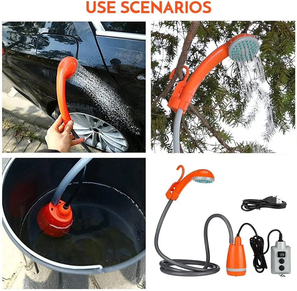 HXBER Outdoor Camping Shower Pump USB Reable Shower Head with Folding Bucket for Camping Hiking Traveling