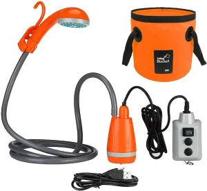 HXBER Outdoor Camping Shower Pump USB Reable Shower Head with Folding Bucket for Camping Hiking Traveling