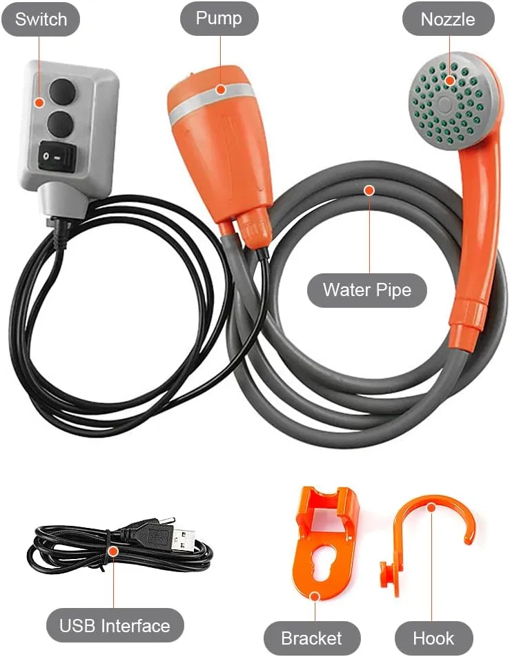 HXBER Outdoor Camping Shower Pump USB Reable Shower Head with Folding Bucket for Camping Hiking Traveling