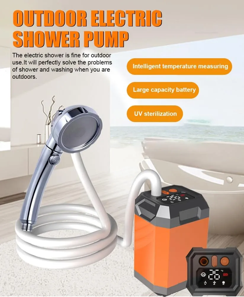 HXBER Portable Cordless Camping Shower Outdoor Electric Shower Pump Reable Shower Large ty Hiking Traveling Shower Digital Display Bathe Tool