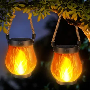 iBaycon 2 Pack Solar Lanterns Lights, Flickering Flame Garden Lights with 2 Modes Dual Charging USB & Solar, Outdoor Waterproof Hanging Lantern for Yard Patio Porch Decor