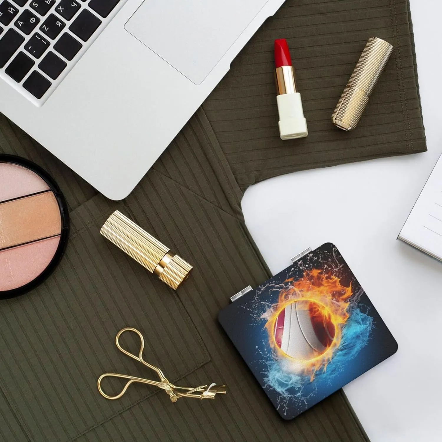 Ice and Fire Volleyball Printed Square Pocket Makeup Mirror with 1X/2X Magnification, Portable Mini Travel Makeup Mirror for Travel Daily Work Beauty