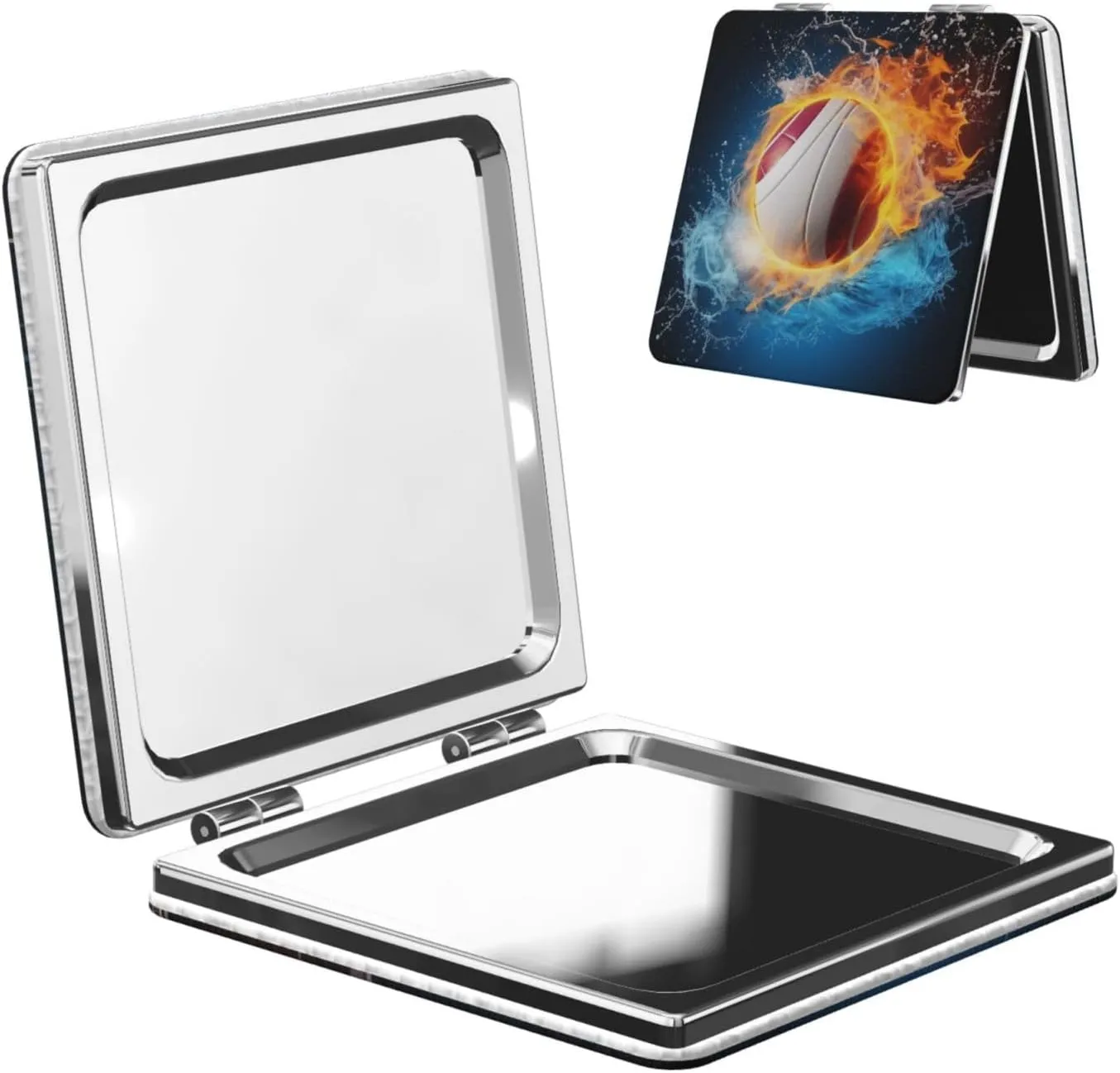 Ice and Fire Volleyball Printed Square Pocket Makeup Mirror with 1X/2X Magnification, Portable Mini Travel Makeup Mirror for Travel Daily Work Beauty