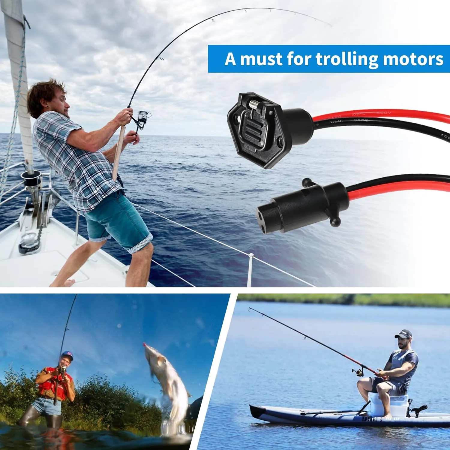 iKKEGOL Trolling Motor Plug Socket, 12-24V Universal Heavy Gauge Power Receptacle Kit Waterproof Corrosion-Resistant, Male & Female Trolling Motor Electrical Connector Quick Connect (10 Gauge 2 Prong)