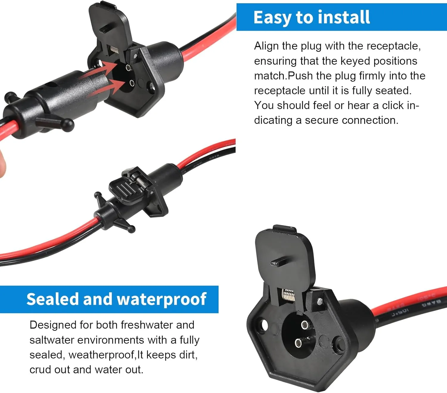 iKKEGOL Trolling Motor Plug Socket, 12-24V Universal Heavy Gauge Power Receptacle Kit Waterproof Corrosion-Resistant, Male & Female Trolling Motor Electrical Connector Quick Connect (10 Gauge 2 Prong)