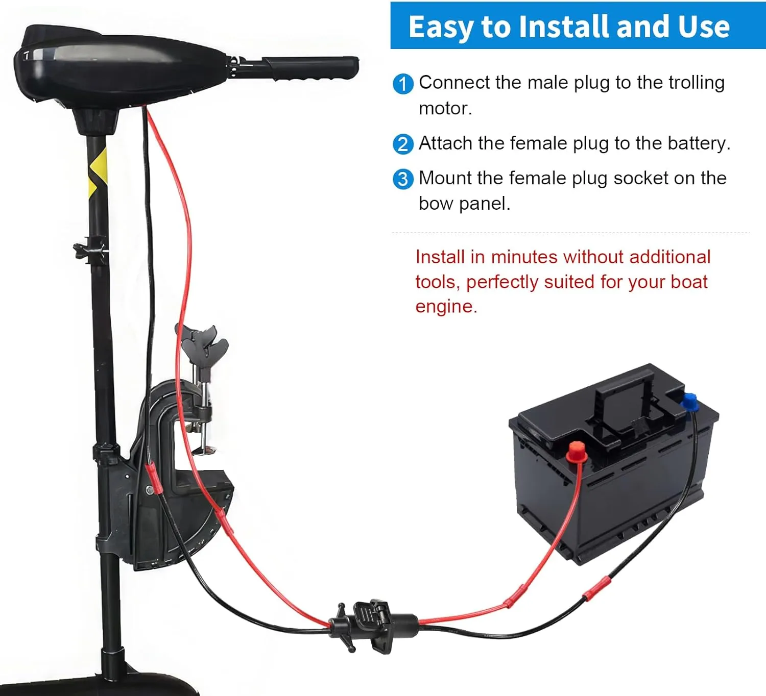 iKKEGOL Trolling Motor Plug Socket, 12-24V Universal Heavy Gauge Power Receptacle Kit Waterproof Corrosion-Resistant, Male & Female Trolling Motor Electrical Connector Quick Connect (10 Gauge 2 Prong)