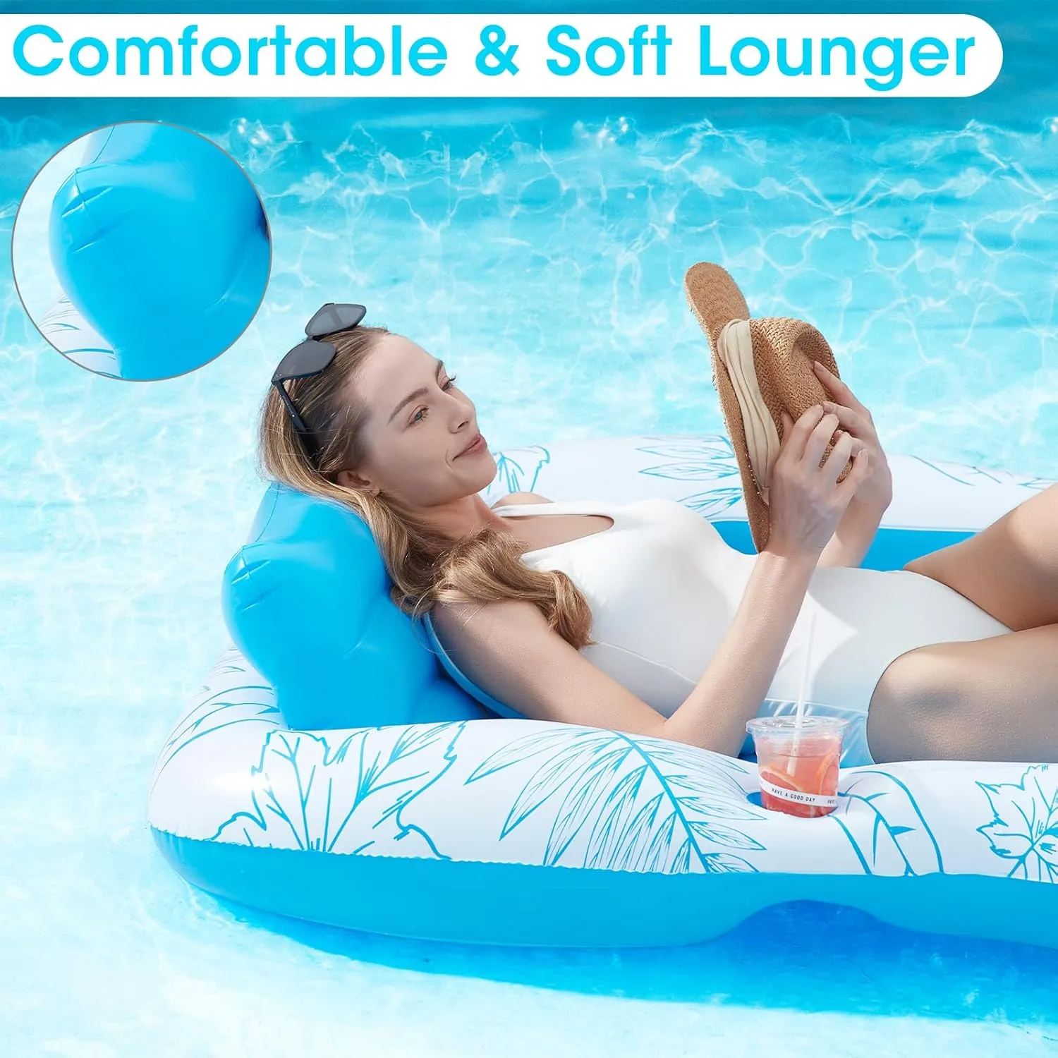 Inflatable Adult Pool Lounger Float - BAIAI Large Beach Sun Tanning Floaty Raft Sunbathing Water Lounge Floaties Tub with Drink Holder - Blow Up River & Lake Suntan Floating Swimming Mattress Mat(L)